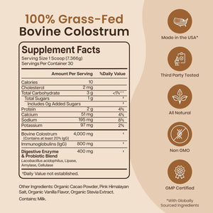 Organic Chocolate 4000Mg Grass Fed Bovine Colostrum Powder + Probiotics Colostrum Supplement for Kids & Adults with Immunoglobulins (220.98 Grams)