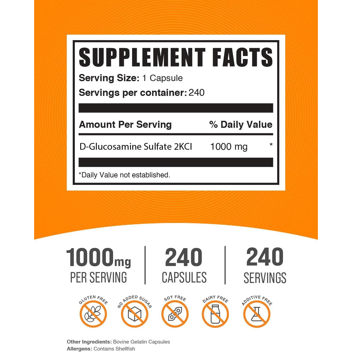 Bulksupplements.Com Glucosamine Sulfate Capsules - Glucosamine Supplement, for Joint Support - Glucosamine Sulfate 1000Mg, Gluten Free, 1 Capsule per Serving, 240 Capsules (Pack of 1)
