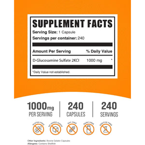 Bulksupplements.Com Glucosamine Sulfate Capsules - Glucosamine Supplement, for Joint Support - Glucosamine Sulfate 1000Mg, Gluten Free, 1 Capsule per Serving, 240 Capsules (Pack of 1)