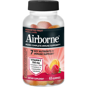 Airborne Immune Support Gummies, Assorted Fruit Flavor, 63 Ct - 750 Mg Vitamin C + Vitamins A, D & E + Zinc, Selenium, and Manganese | with Herbal Blend | Naturally Flavored