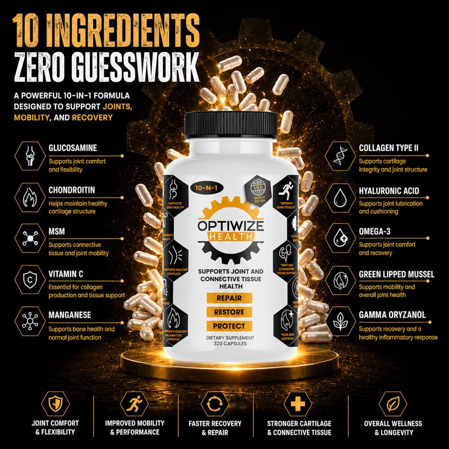 Optiwize 10-N-1 Joint Support Hydrolyzed Collagen,Msm, Hyaluronic Acid, Glucosamine,Chondroitin & More- Targets Joint Discomfort, Improves Mobility & Flexibility 320 Caps for Men & Women Made in USA
