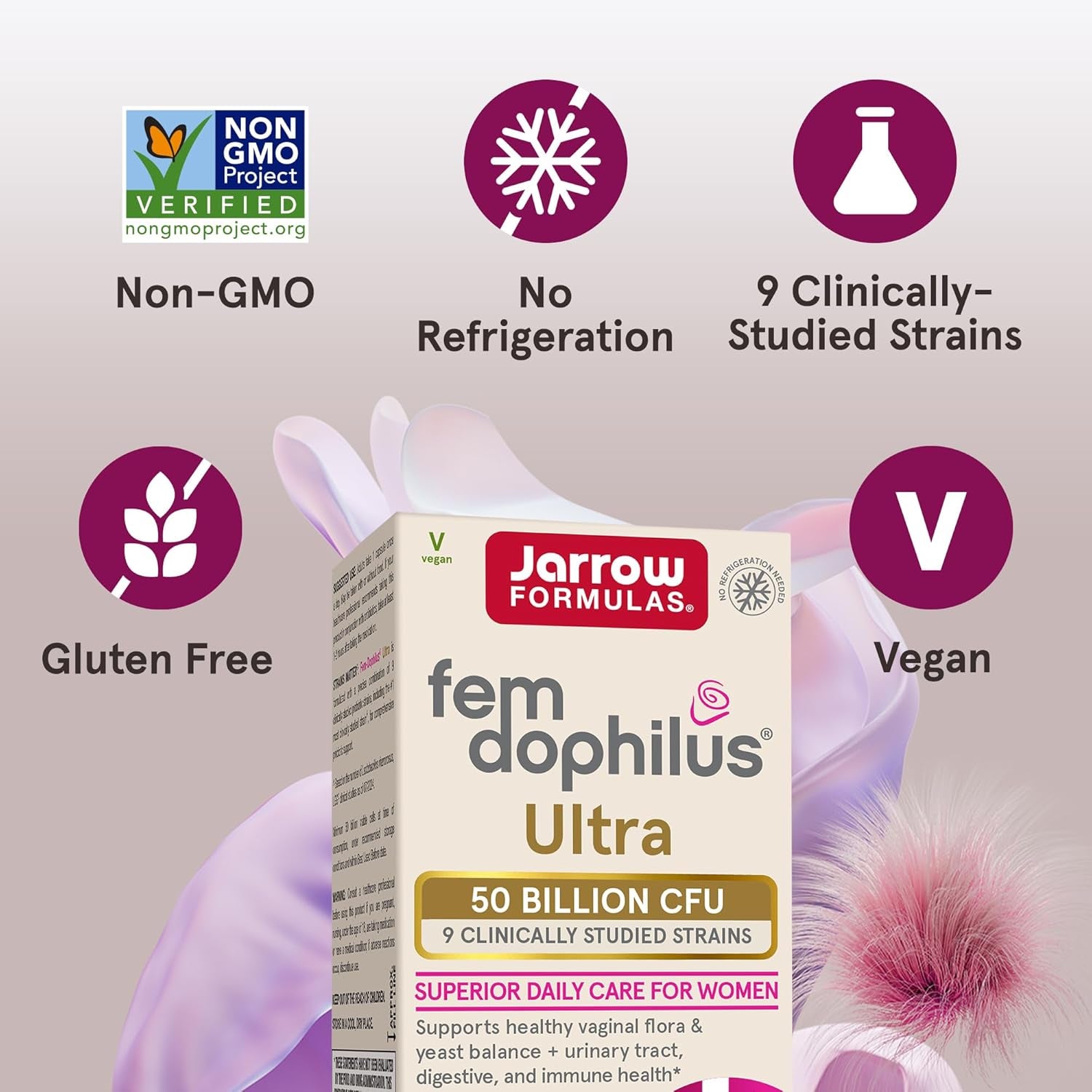 Jarrow Formulas Fem-Dophilus Vaginal & Digestive Probiotic 50 Billion CFU, 9 Clinically-Studied Strains, for Vaginal Flora & Yeast Balance, Urinary Tract, Digestive, & Immune Support, 30 Capsules