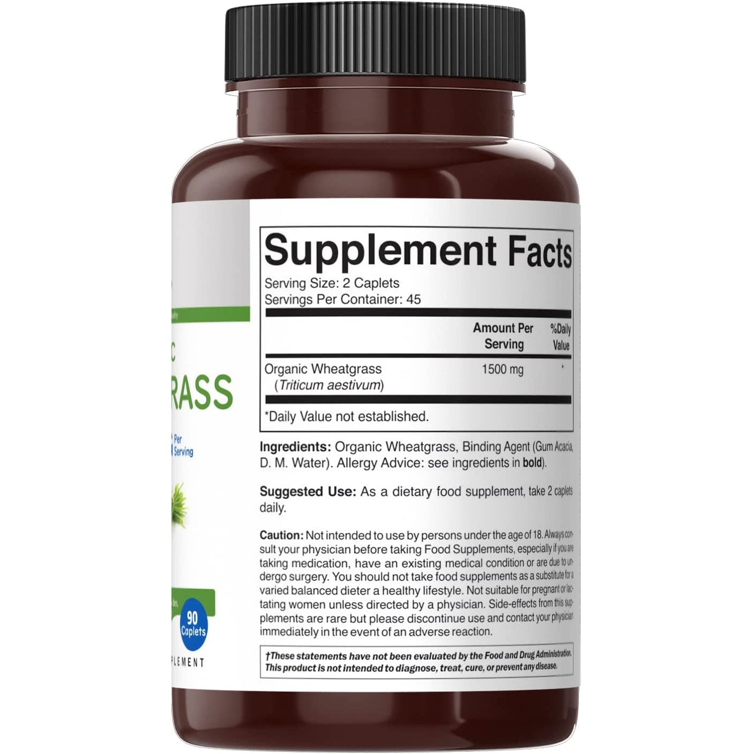 Brieofood Organic Wheatgrass 1500Mg, 45 Servings, Vegetarian, Gluten Free, 90 Vegetarian Tablets