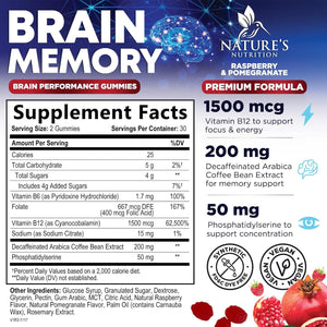 Brain Supplements for Memory & Focus Gummies - Brain Health Clarity with B6 B12 & Phosphatidylserine - Natural Nootropics Cognitive Concentration & Alertness Support Vitamins - 60 Vegan Gummies