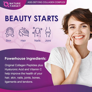 NATURE TARGET Multi Collagen Peptides Powder - Type I, II, III, V, X - Hydrolyzed Collagen Peptides with Vitamin C Hyaluronic Acid, Supports Skin Hair Nail & Joint, Grass-Fed, Non-Gmo, 50 Servings