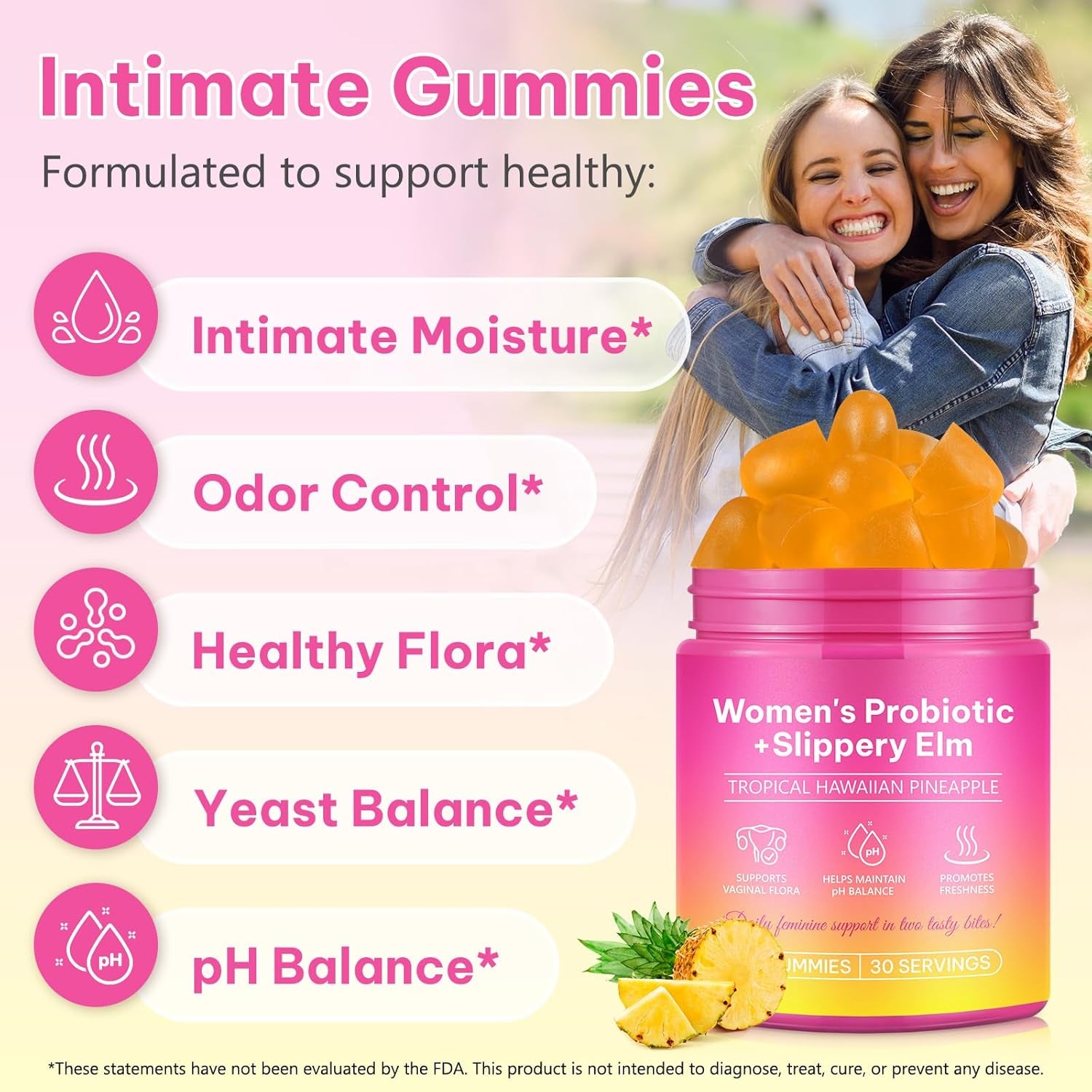 Vaginal Probiotics Gummies for Feminine PH Balance, Vaginal Hydrating, Promoting Vaginal Flora Health, Fresh Odor with Prebiotics & Lactobacillus Probiotic, Hawaiian Pineapple, Plant Based|60 Gummies