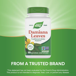 Nature'S Way Damiana Leaves, Traditional Libido Support*, Damiana Leaf Supplement, 600 Mg per 2-Capsule Serving, Non-Gmo Project Verified, Vegan, 100 Capsules (Packaging May Vary)