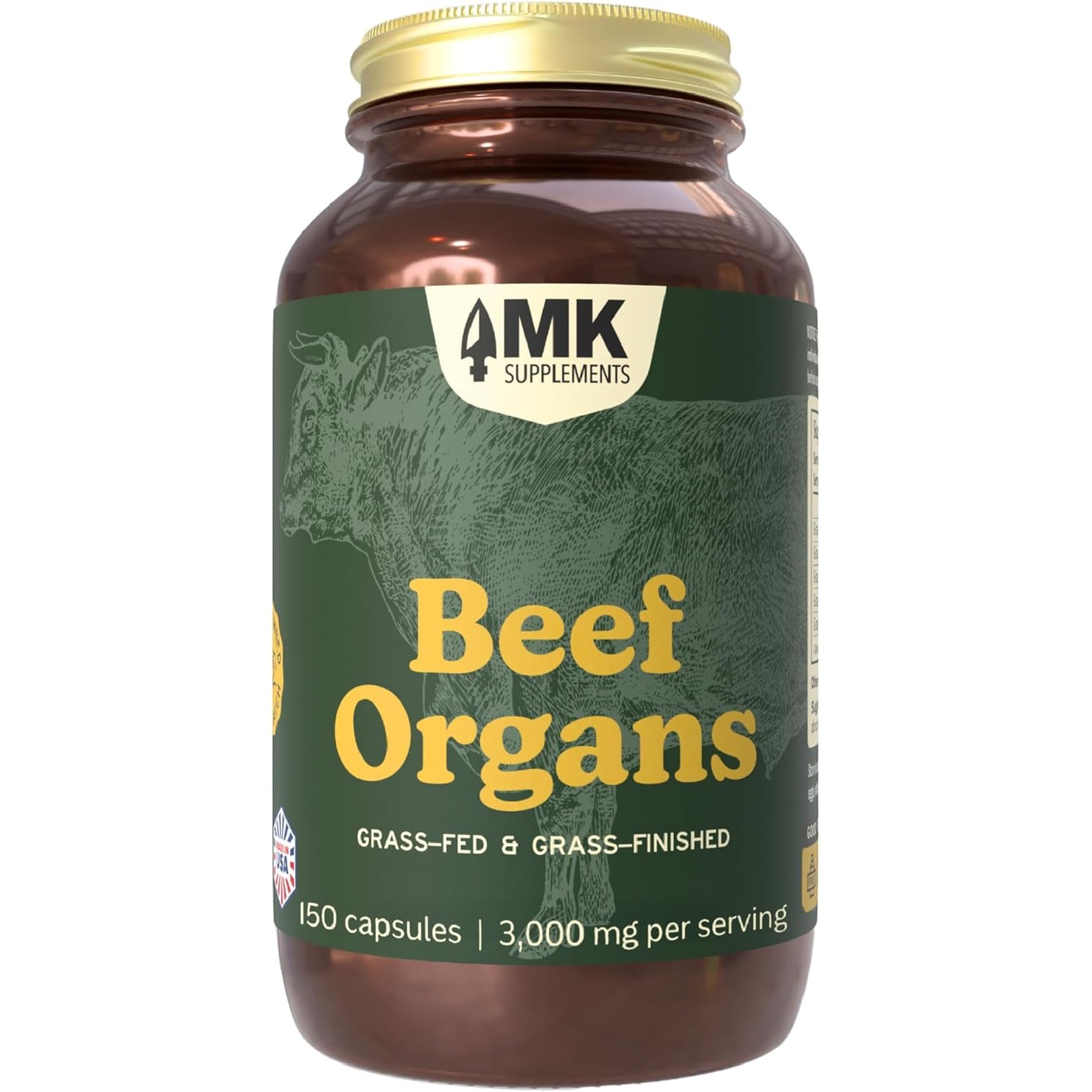 MK Supplements Grass-Fed Beef Organs Capsules | 5 Organs in Nature-Identical Ratios | B12, Copper & Heme Iron | Regeneratively Raised | 150 Capsules