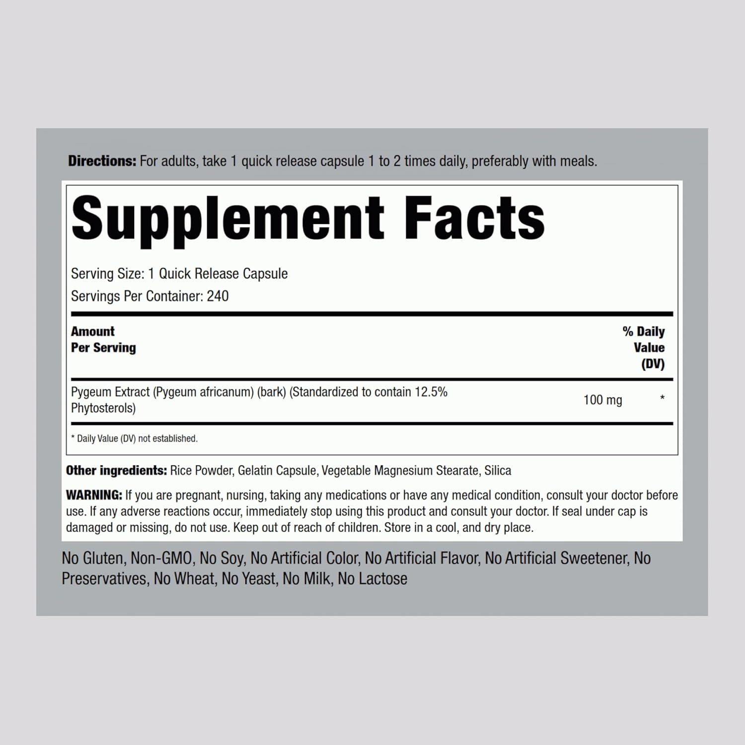 Piping Rock Pygeum | 100Mg | 240 Capsules | Supplement for Men & Women | Pygeum Africanum Bark Extract | Ultra Standardized Phytosterols | Non-Gmo, Gluten Free