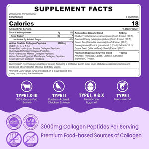 Collagen Gummies for Women & Men 3000Mg, Hydrolyzed Collagen Peptides with Antioxidant Blend & Digestive Enzymes, Multi Collagen (Type I,II,III,V,X) for Anti-Aging, Hair, Skin, Nails, Sugar Free,60Cts