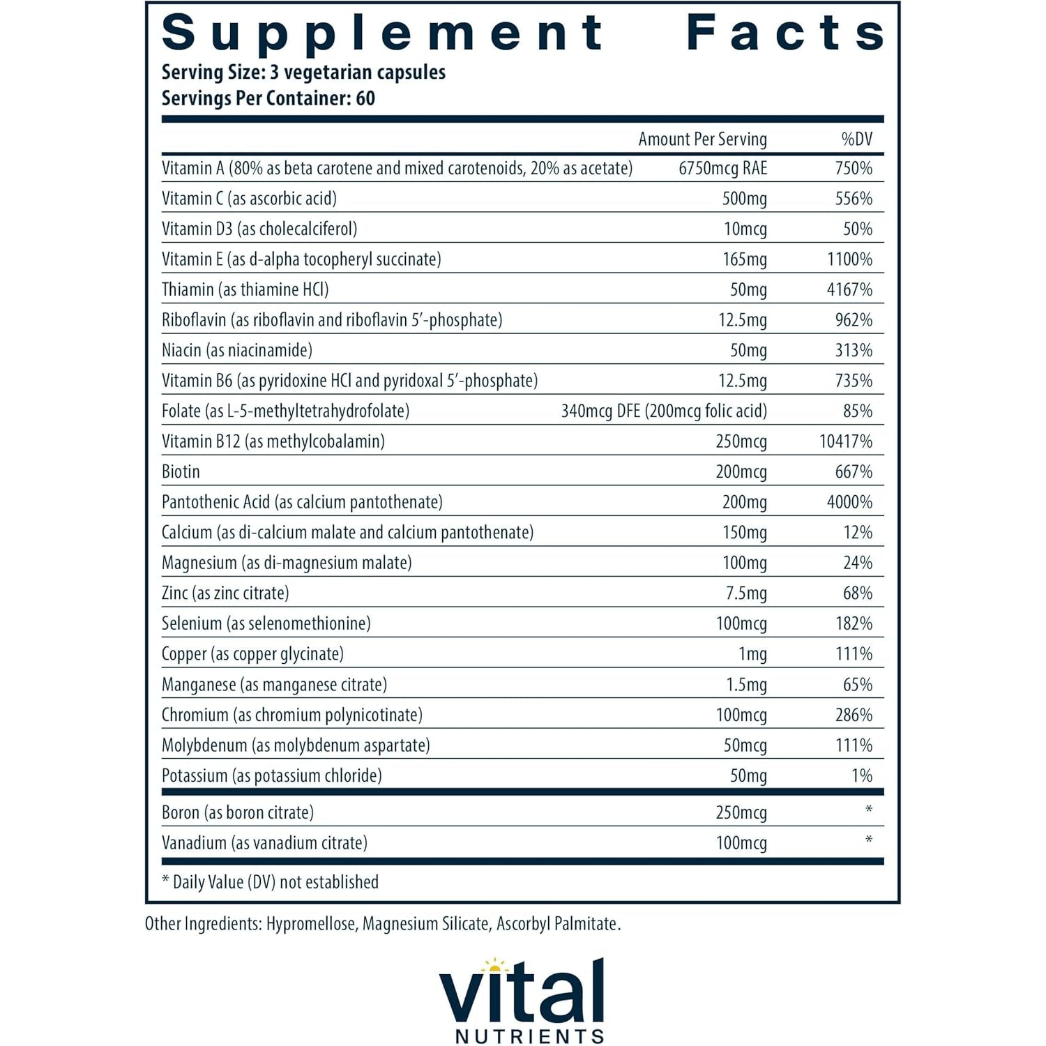 Vital Nutrients Multi-Nutrients (No Iron or Iodine) - Comprehensive Vegetarian Daily Multivitamin and Mineral Formula with Potent Antioxidants* - Gluten, Dairy, Soy Free - Non-Gmo - 180 Capsules