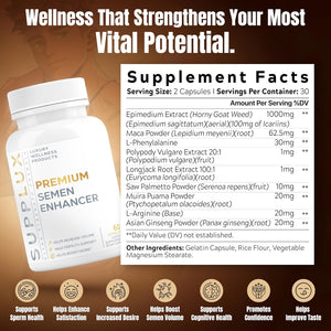Semen Fertility Enhancer for Men - Help Amplify Semen & Overall Health - Assists T-Levels for Male Vitality, Blood Flow Support & Performance - 3Rd Party Tested Supplement - 60 Capsules