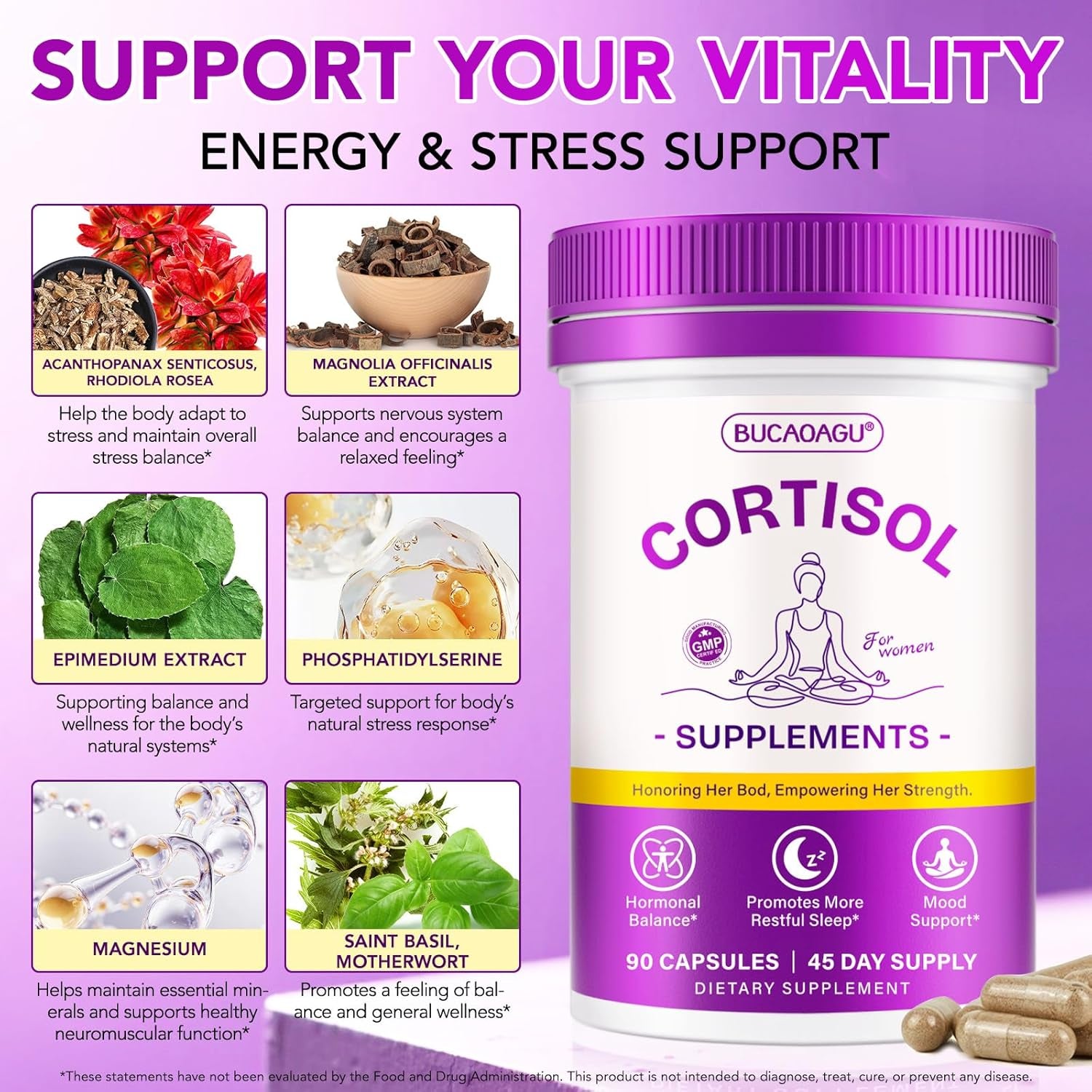 Cortisol Supplements for Women - Cortisol Reducer & Stress Support - Magnolia Bark, Rhodiola Rosea, Holy Basil, Magnesium, Phosphatidylserine - Hormone Balance & Mood, Focus, Sleep Support