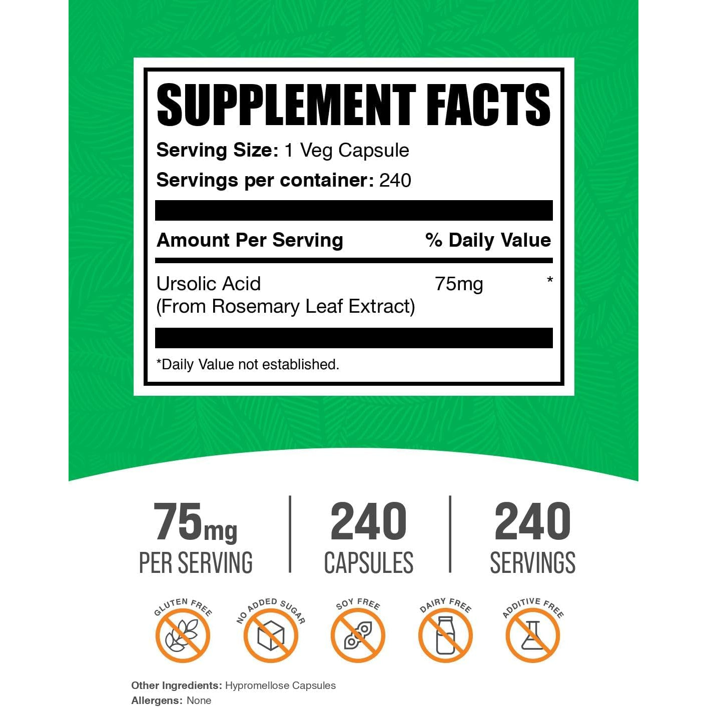 Bulksupplements.Com Ursolic Acid Capsules - Ursolic Acid Supplement, Sourced from Rosemary Leaf Extract - Vegan, 1 Capsule per Serving (75Mg), 240 Count (Pack of 1)