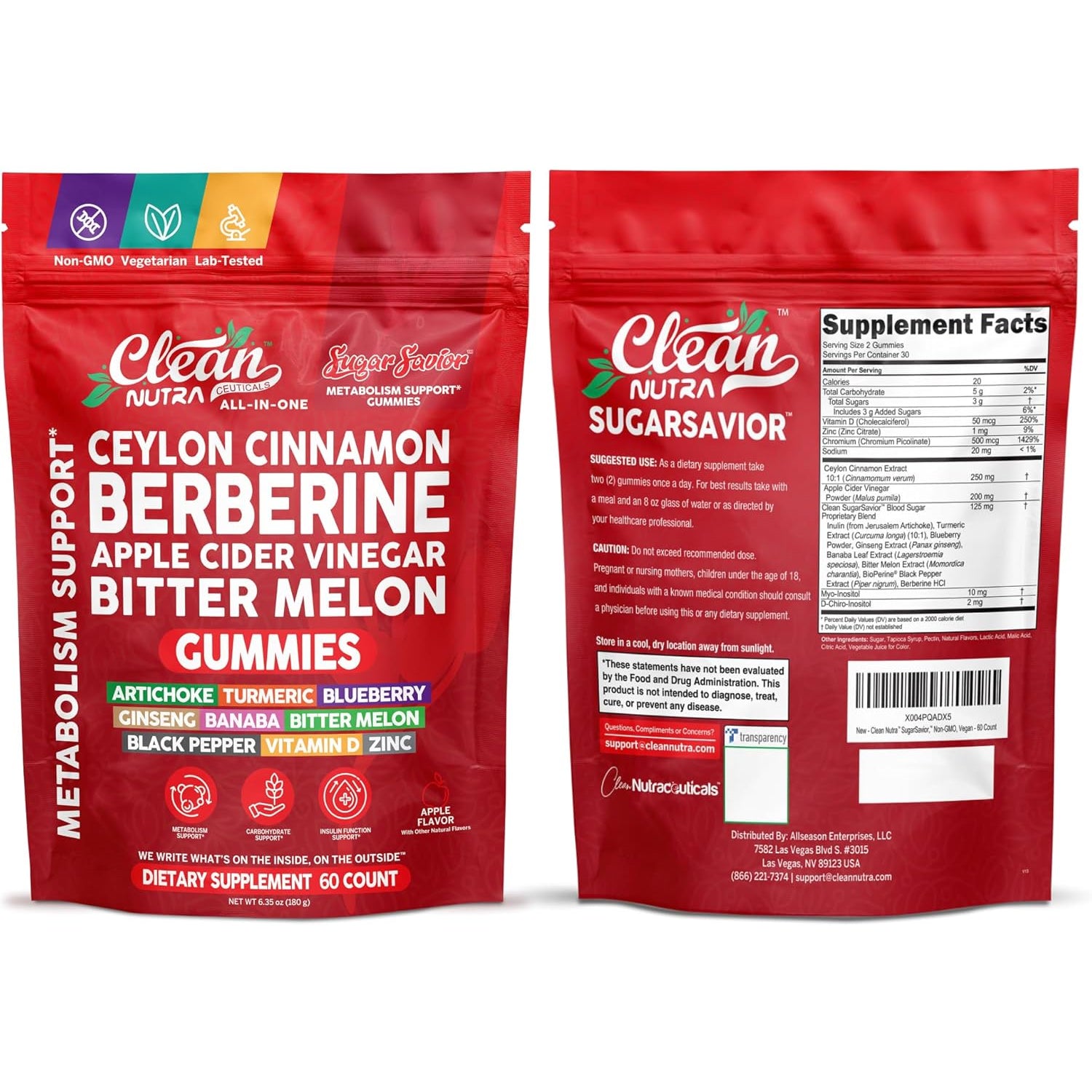 Sugar Savior Ceylon Cinnamon Berberine Gummies Apple Cider Vinegar Artichoke Turmeric Blueberry Ginseng Banaba Bitter Melon Black Pepper Vitamin D Zinc GLP1 Gummies 60 Count by Clean Nutra