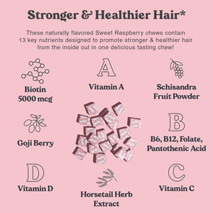 Chewsy - Beautiful Hair - Support for Stronger, Healthy Hair - with Biotin, Horsetail Extract, Goji Berry & Vitamins - Sweet Raspberry, 30-Day Supply