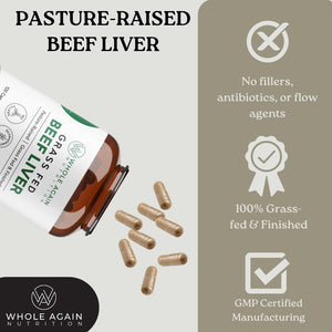Grass Fed Beef Liver Capsules - 100% Pasture Raised - No Fillers or Flow Agents - 120 Count 3,000Mg Serving - 30-Day Supply - Iron and Energy - Grass Fed Desiccated Liver Supplement