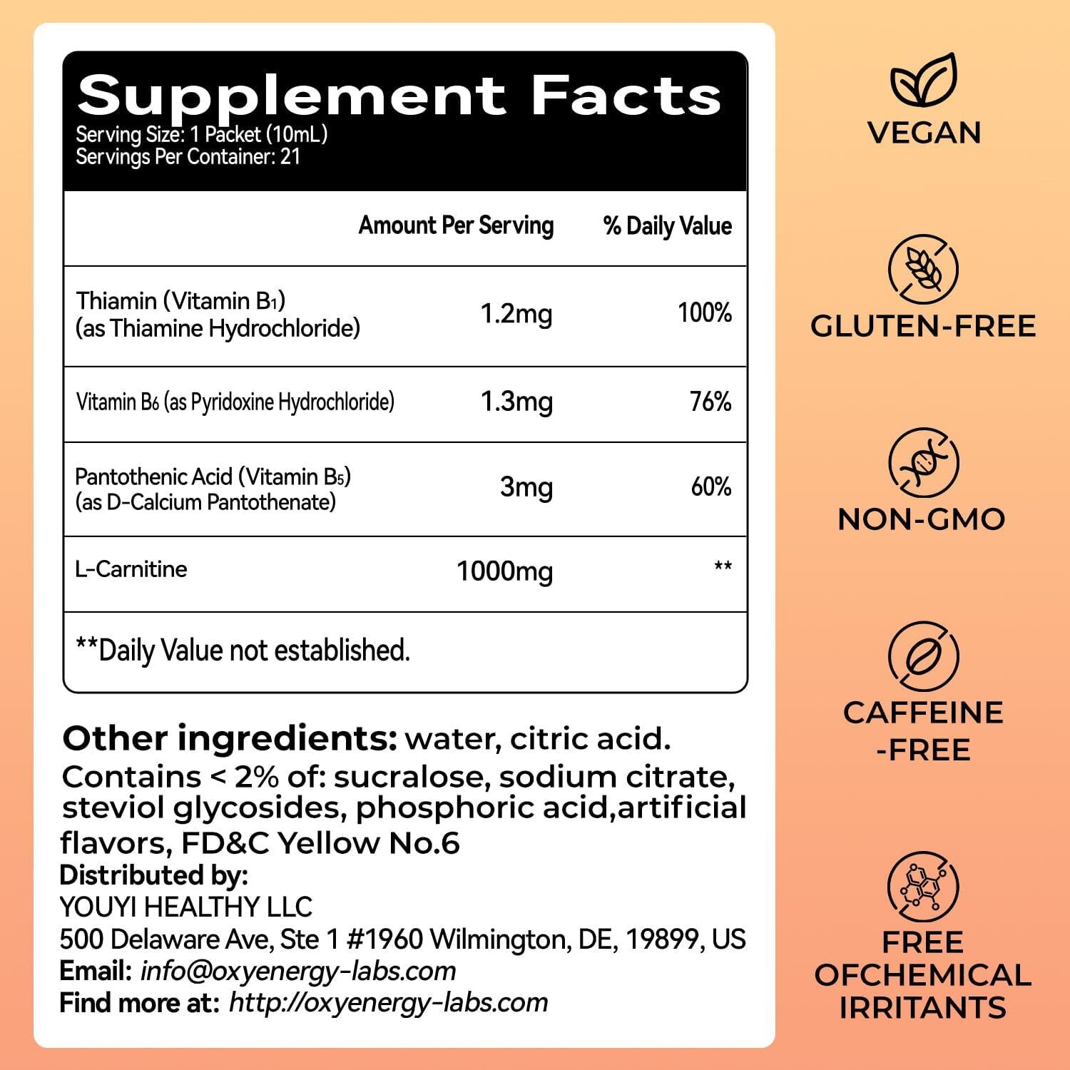 Oxyenergy Liquid L-Carnitine Supplement 1000Mg - Gentle for Daily Use, Zero Calorie, Sugar-Free, Stim-Free Fat Burning & Endurance Booster, 21 On-The-Go Individual Liquid Sticks