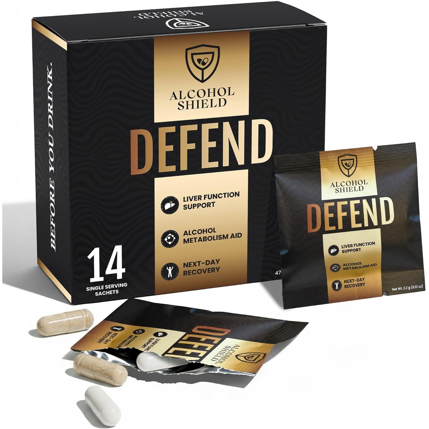 Defend Hangover Supplement | DHM + NAC | Feel Better after Drinking | Alcohol Recovery & Liver Support | Electrolytes & B Vitamins | 14 Sachets