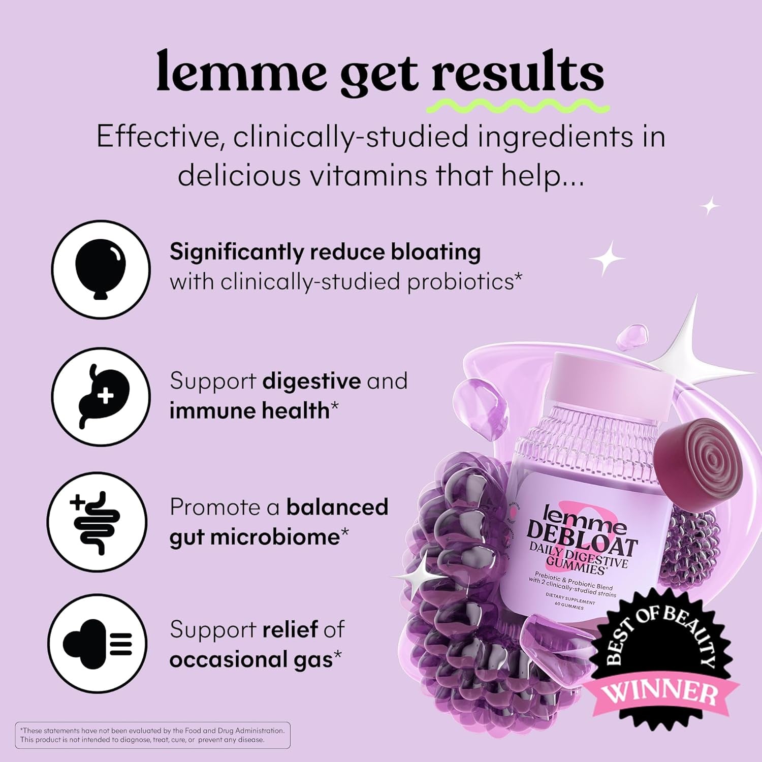 Lemme Debloat - Digestive & Gut Health Gummies with 2 Clinically Studied Probiotics & Prebiotic, Vegetarian, Gluten Free, Non GMO, Blackberry Flavor (60 Count)