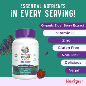 Maryruth Organics Kids Immune Support Gummies | USDA Organic | Vitamin C, Zinc, and Elderberry Gummies for Kids| Immune Support for Ages 4+ | Vegan | Non-Gmo | Gluten Free | 60 Count
