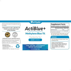 Actiblue+ Methylene Blue 1% : Methylene Blue ISO Certified Third Party Lab Tested 99,9% No Formaldehyde No Alcohol No Gluten&Gmo(2Fl.Oz)