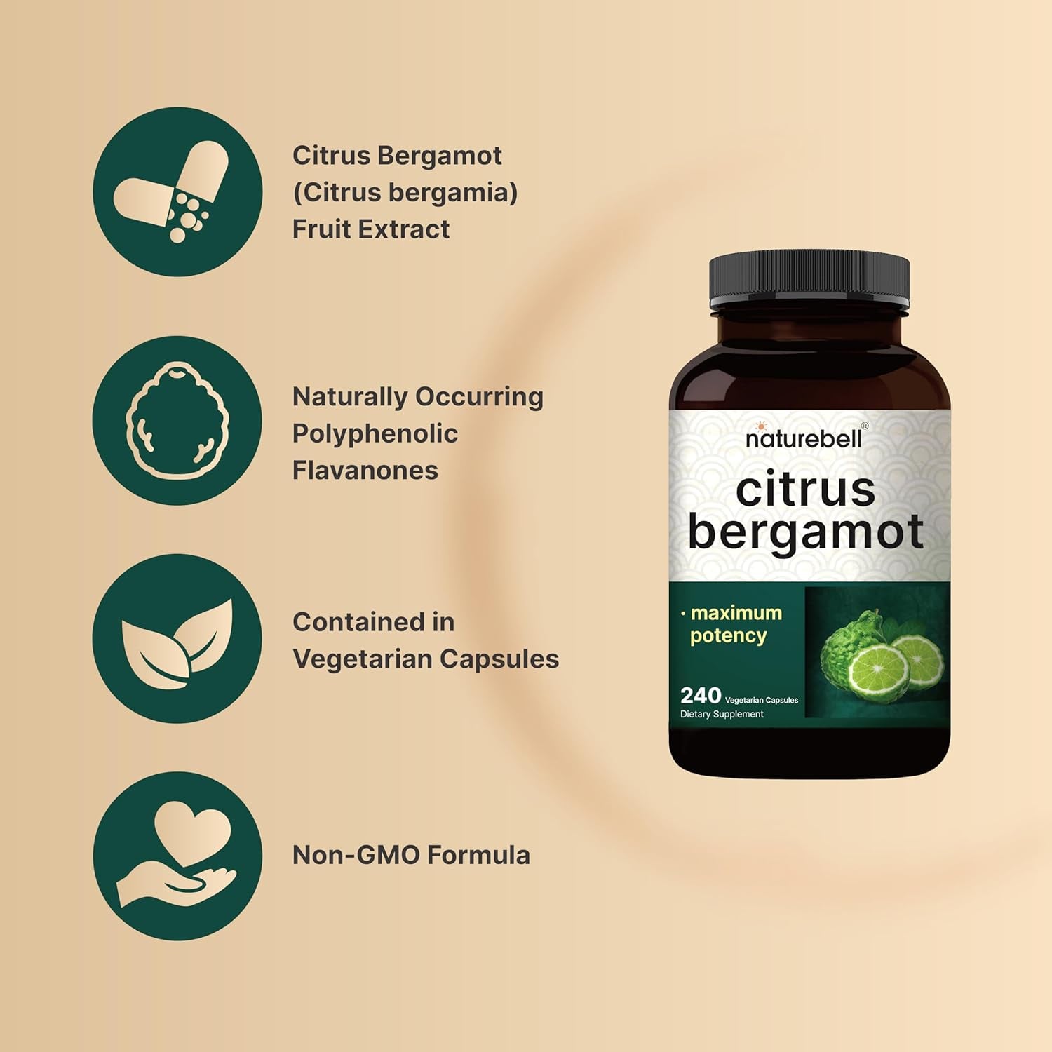 Naturebell Citrus Bergamot, 240 Vegetarian Capsules – Real Fruit Extract with Polyphenolic Flavanones – Non-Gmo, Cgmp Certified