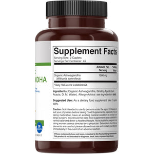 Brieofood Organic Ashwagandha 1500Mg, 45 Servings, Vegetarian, Gluten Free, 90 Vegetarian Tablets