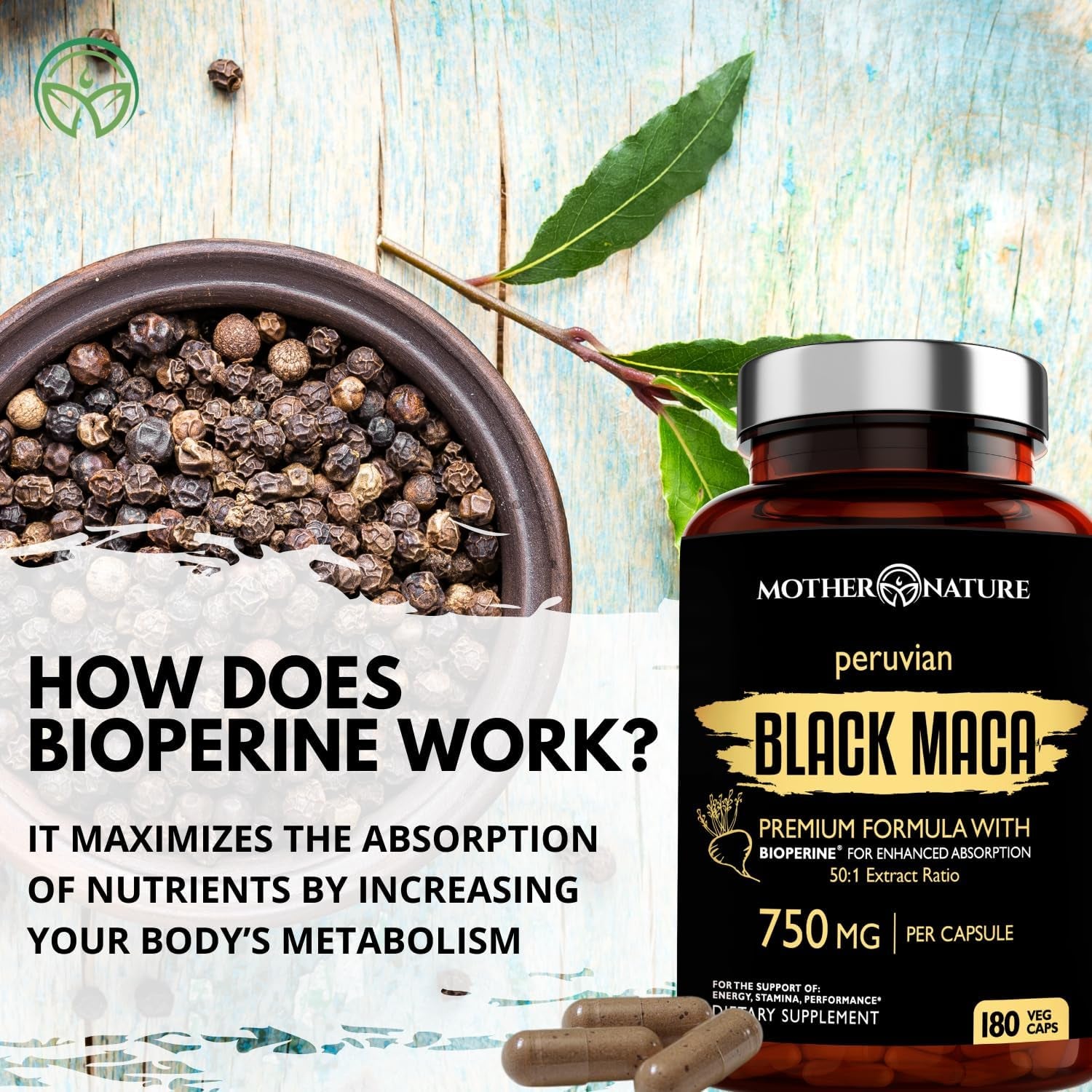 Black Maca Root 50:1 750Mg – 180 Capsules Organic Peruvian Maca Peruana Supplement for Men | High Potency Energy, Mood & Performance Support | Vegan, Non-Gmo