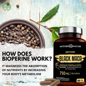 Black Maca Root 50:1 750Mg – 180 Capsules Organic Peruvian Maca Peruana Supplement for Men | High Potency Energy, Mood & Performance Support | Vegan, Non-Gmo