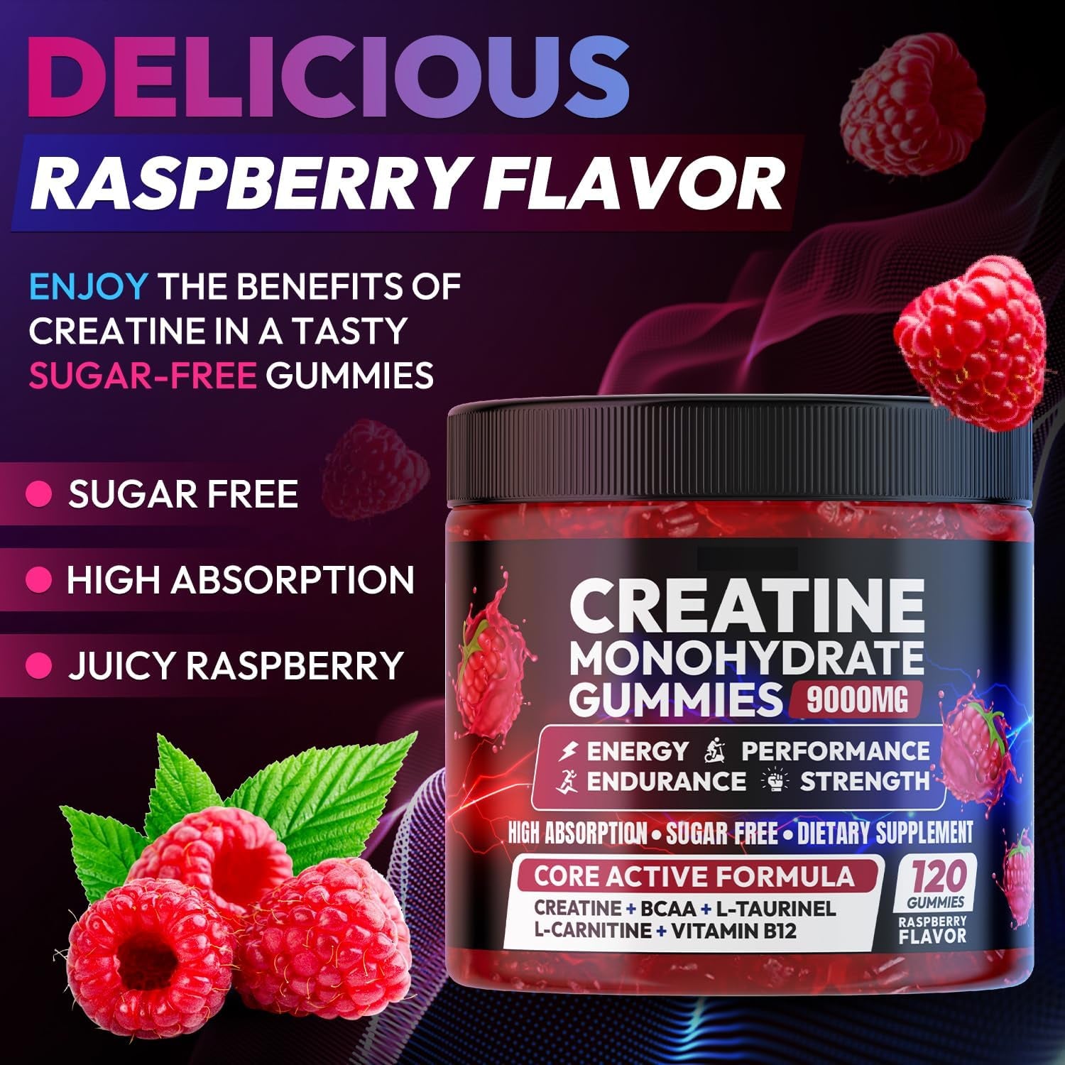 Creatine Gummies Monohydrate Complex, Pre-Workout for Men & Women, Creatine Gummy with L-Taurine, BCAA 2:1, B12/6 for Muscle Support, Enhance Strength, Energy Boost-120 Count