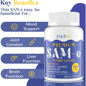 1200 MG SAM E Supplement for Brain, Mood, Joint, and Liver, High Absorption Sam-E (S-Adenosyl-L-Methionine) with Coq10, 5-HTP, Enteric Coated 60 Tablets, Vegan