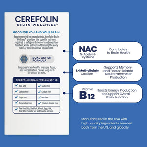 Cerefolin Brain Wellness, Targeted Nutrition for Cognitive Support, Improves Memory, Focus & Concentration, L-Methylfolate, NAC, B12, Neurologist Recommended (30 Count)