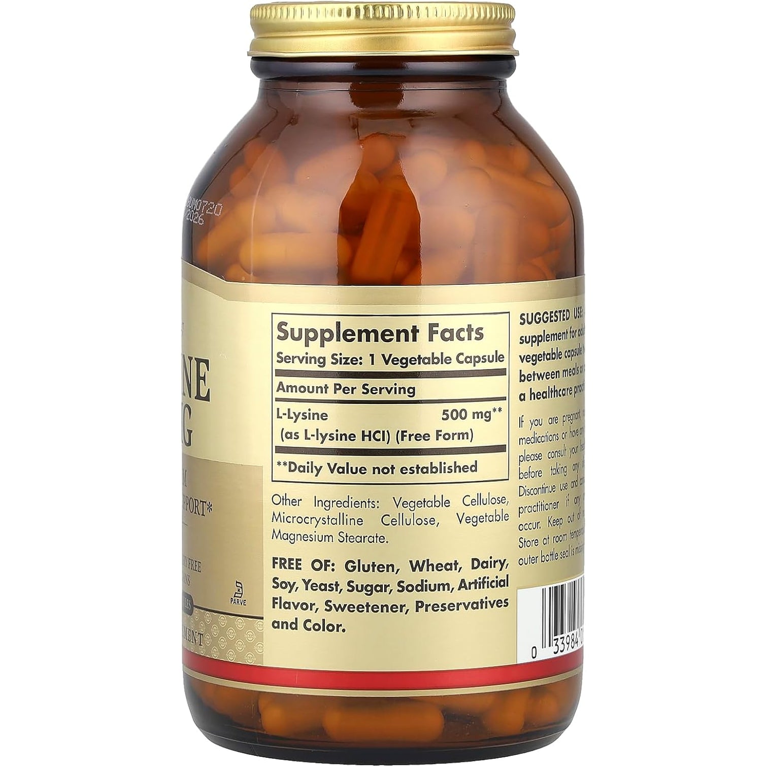 Solgar L-Lysine 500 Mg, 250 Vegetable Capsules - Enhanced Absorption & Assimilation - Promotes Integrity of Skin & Lips - Collagen Support - Amino Acids - Non-Gmo, Vegan, Gluten Free