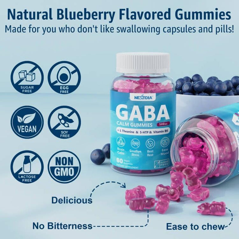 GABA Gummies 500 Mg - Sugar-Free Calm Gummies with L Theanine, 5-HTP, Vitamins D3, B12, Ashwagandha, Melatonin-Free for Brain Calm, Mood, Zzz Better, GABA Supplement for Adult, Blueberry Flavor,2 Pack