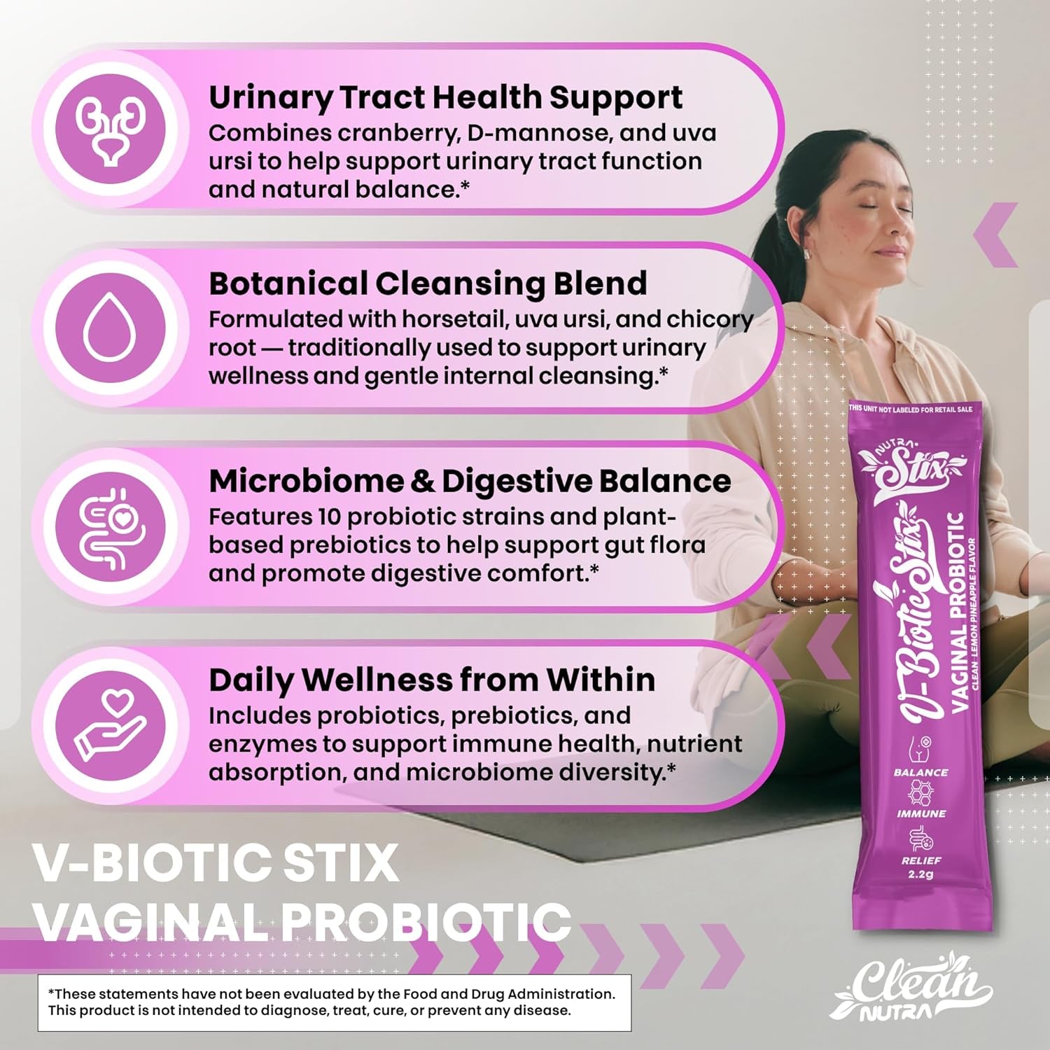 Clean Nutraceuticals Vaginal Probiotics for Women with Cranberry Extract, D-Mannose, Prebiotics, Ph Balance for Women, Vaginal Health – Womens Probiotic Alternative to Gummies - 20 Stix