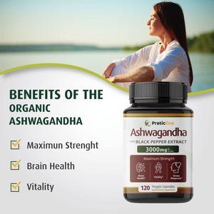 Ashwagandha Capsules 3,000 Mg - 120 Vegan Cap Made with Organic Ashwagandha Powder and Root Extract. Gluten Free. Made in USA