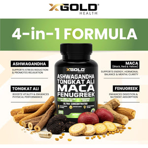 Ashwagandha 30:1 + Tongkat Ali 100:1 + Maca Root 20:1 + Fenugreek 10:1 Extract Supplement for Men & Women | High Potency Herbal Complex | Energy, Vitality & Performance Support | Made in USA