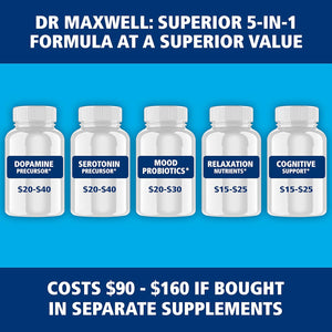 Dr. Maxwell Serotonin and Dopamine Supplements with Mood Probiotic, 5In1 Support for (1) Dopamine (2) Serotonin (3) Mood (4) Relaxation (5) Focus & Brain, 60 Capsules