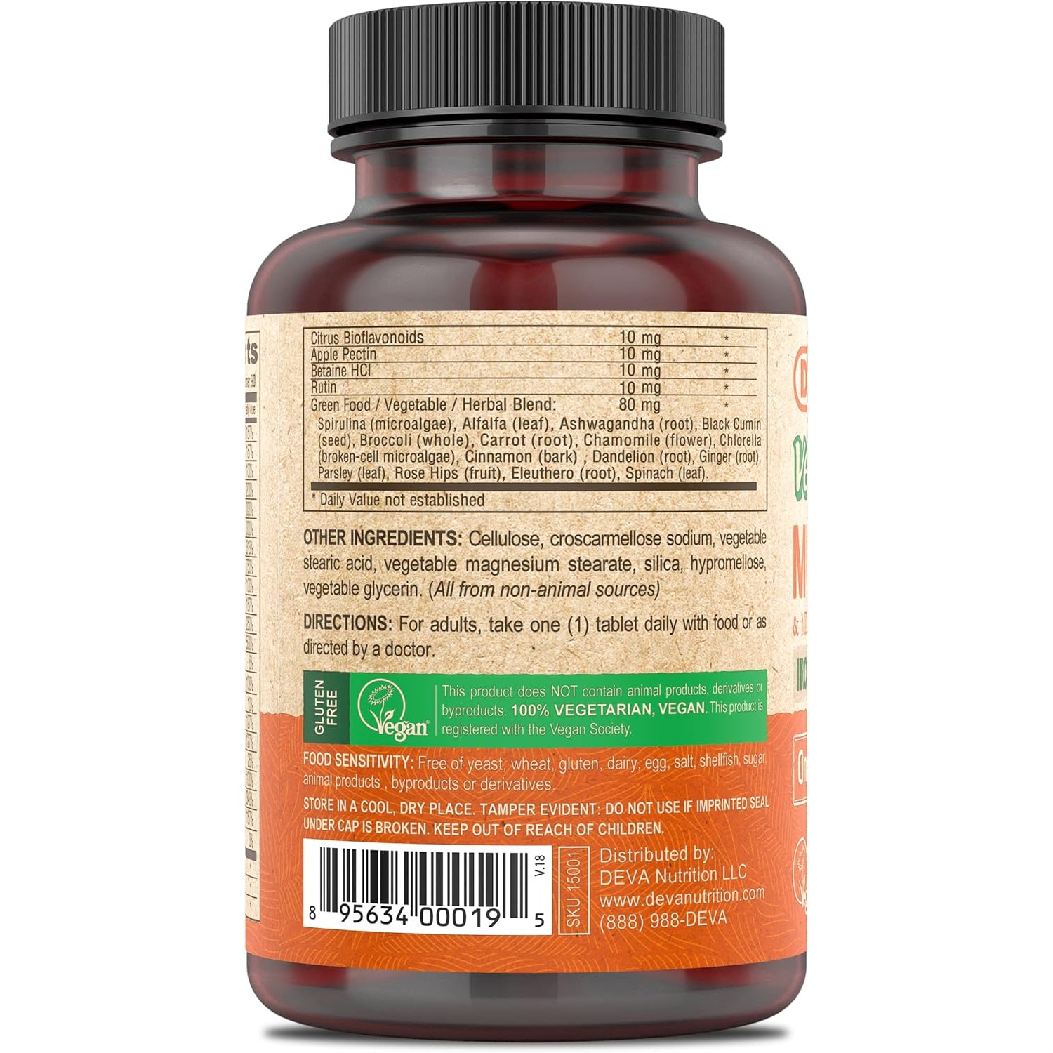 DEVA Vegan Iron-Free Multivitamin & Mineral Supplement, Green Food Blend, Spirulina, Chlorella, Ashwagandha, Broccoli, 90 Coated Tablets