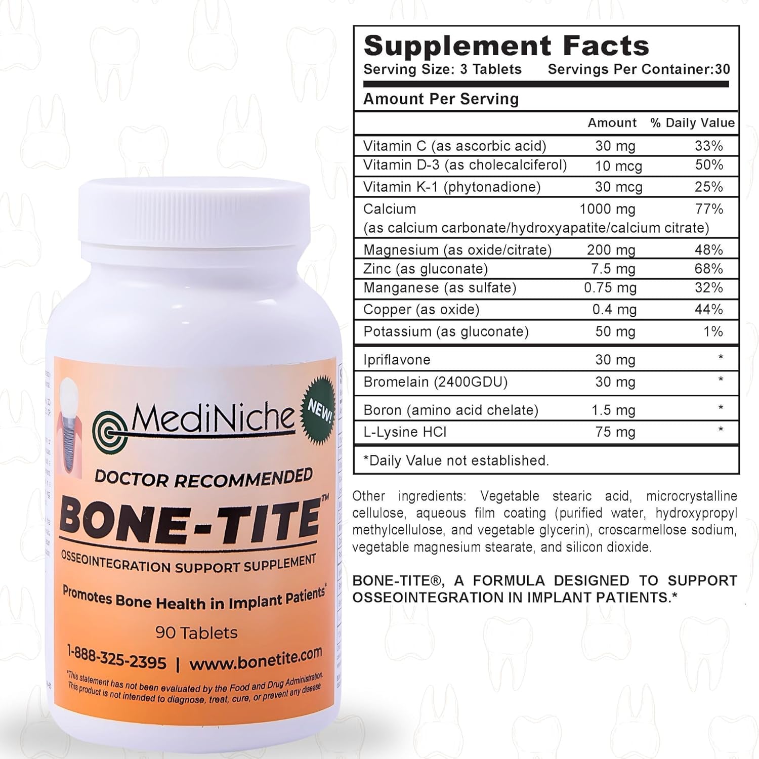 Bone-Tite Osseointegration Support Supplement I Key Vitamins, Minerals, and Nutrients to Promote Dental Implant Support | 90 Tablets | Pack of 1