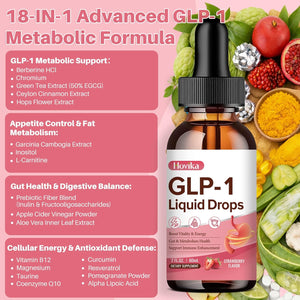 GLP-1 Supplement, GLP-1 Support Liquid Drops with Berberine, Chromium, Ceylon Cinnamon, Green Tea & Hops Flower Extract, GLP-1 Supplement for Gut & Metabolism Health, Vegan, Strawberry Flavor, 2 Fl Oz