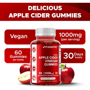 Vitamatic Apple Cider Vinegar Gummies - 1000Mg per Serving - 60 Vegan Gummies - ACV Gummies for Detox, Weight Loss Support, Energy Boost, Digestion & Gut Health