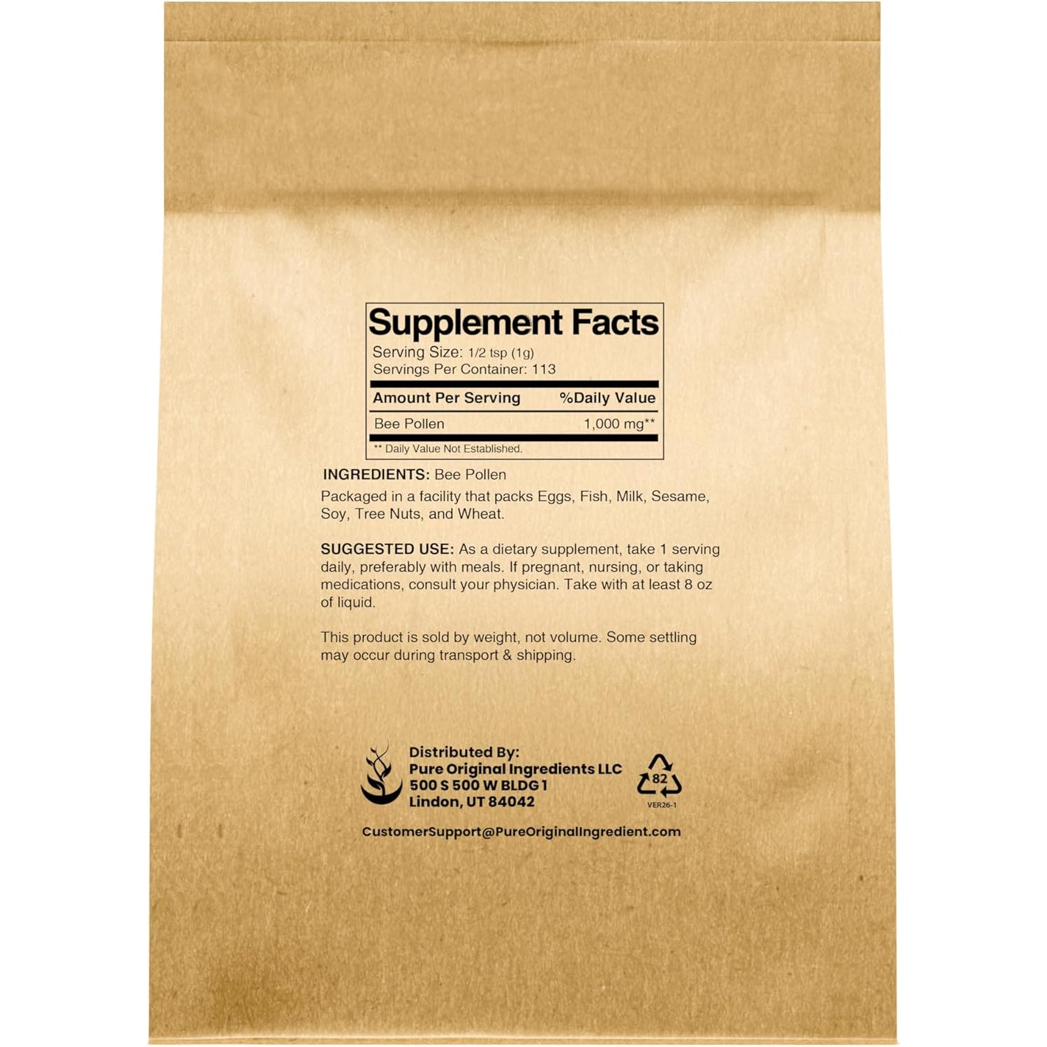 PURE ORIGINAL INGREDIENTS Bee Pollen, 4 Oz, No Fillers, Undiluted Pure Supplement