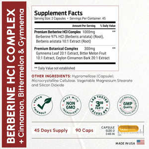 Forestleaf Berberine Supplement - 1300Mg per Serving - Ultra High Potency Berberine Hcl with Ceylon Cinnamon, Bitter Melon & Gymnema - GLP-1 Weight Management Support - 90 Caps