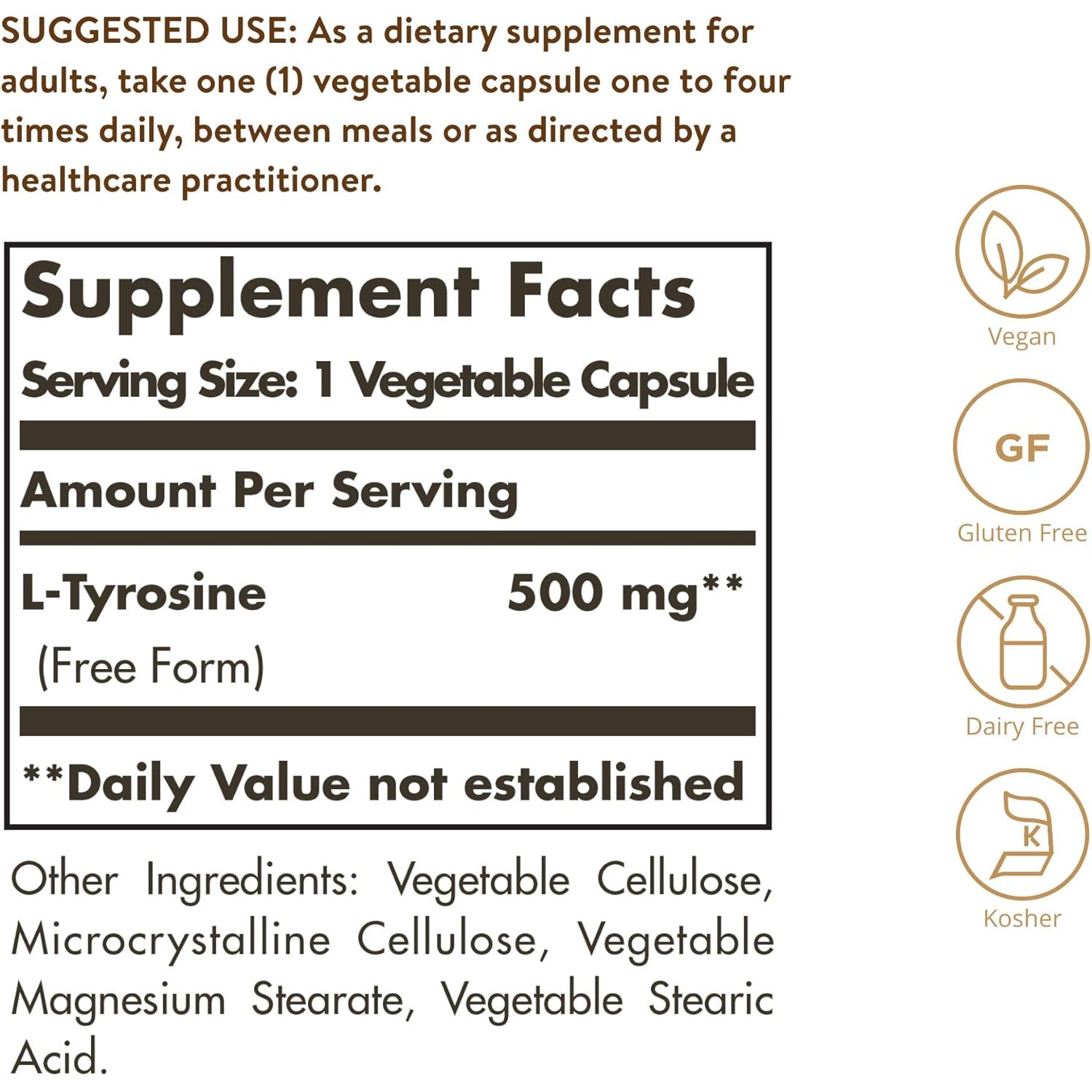 Solgar L-Tyrosine 500 Mg, 100 Vegetable Capsules - Brain & Nervous System Support - Vegan, Gluten Free, Dairy Free, Kosher - 100 Servings,Standard Packaging