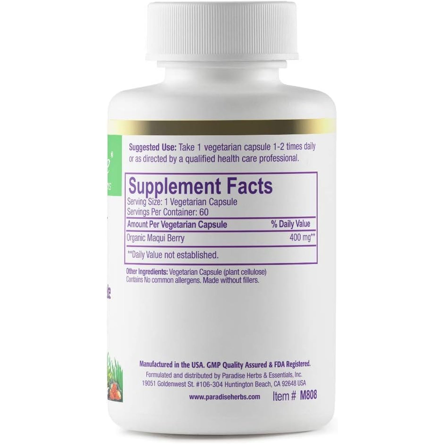 Paradise Herbs, Organic Maqui Berry Extract, 400 Mg, Fresh, Freeze-Dried Concentrate for Superior Potency, Non-Gmo, Vegan, 60 Capsules