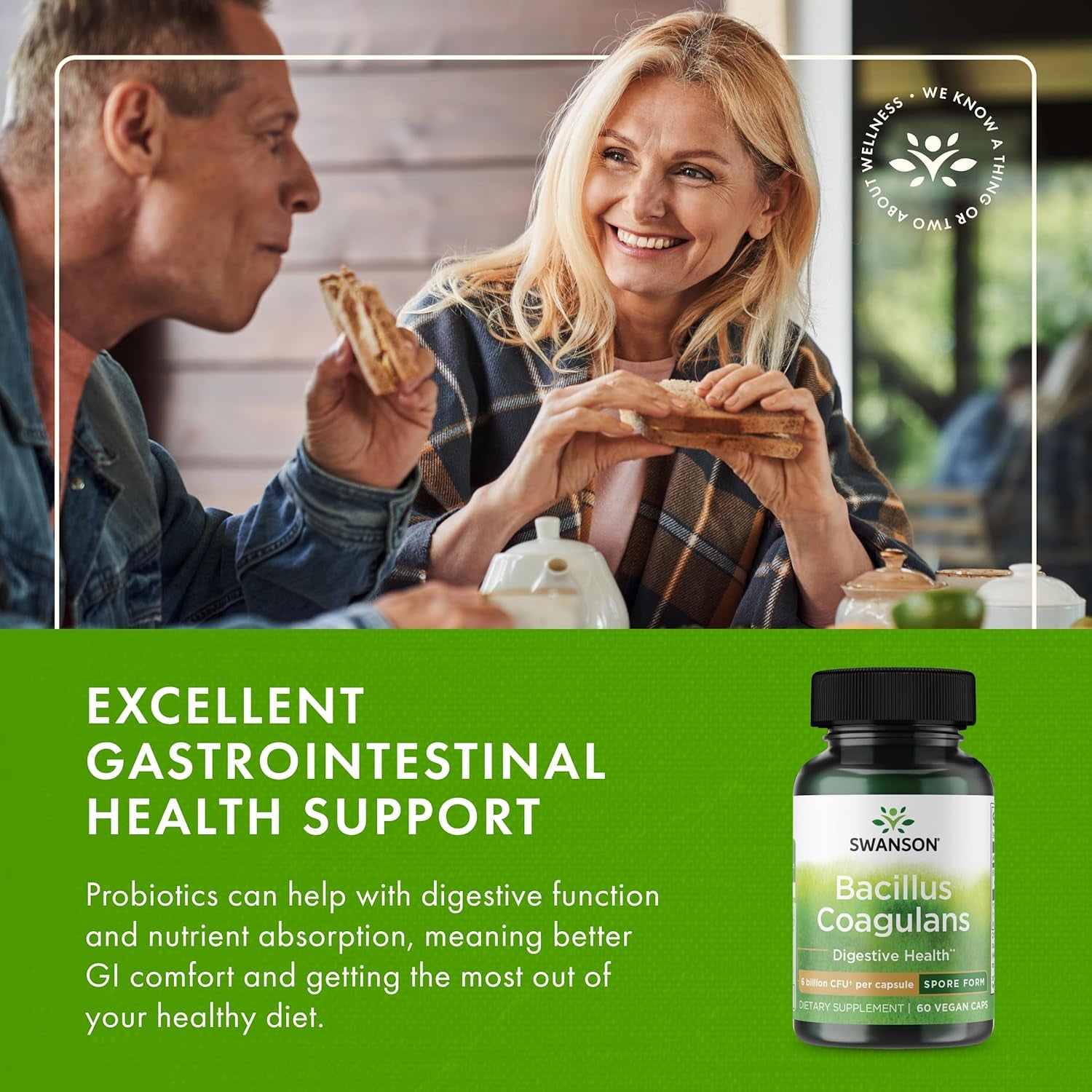 Swanson Bacillus Coagulans Spore-Form Probiotic for Adults Seeking Shelf-Stable Digestive Support with 6 Billion CFU - Acid-Resistant (60 Vegan Capsules)
