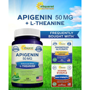 Asquared Nutrition Apigenin 50Mg & L-Theanine 200Mg - 120 Capsules - Apigenin Supplement Pills for Sleep and Relaxation - Natural Bioflavonoid Extract Found in Chamomile Tea