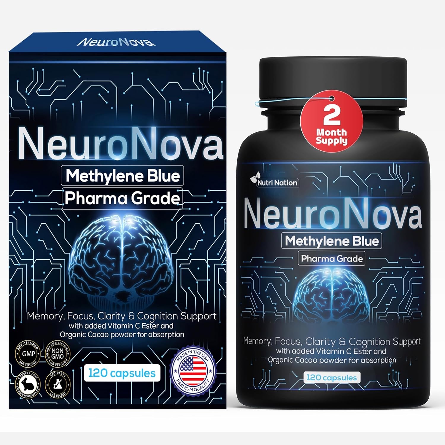 Methylene Blue Pharmaceutical Grade Capsules, 120 Count, 2 Month Supply for Focus & Cognitive Support for Adults - Third Party Tested and Made in USA